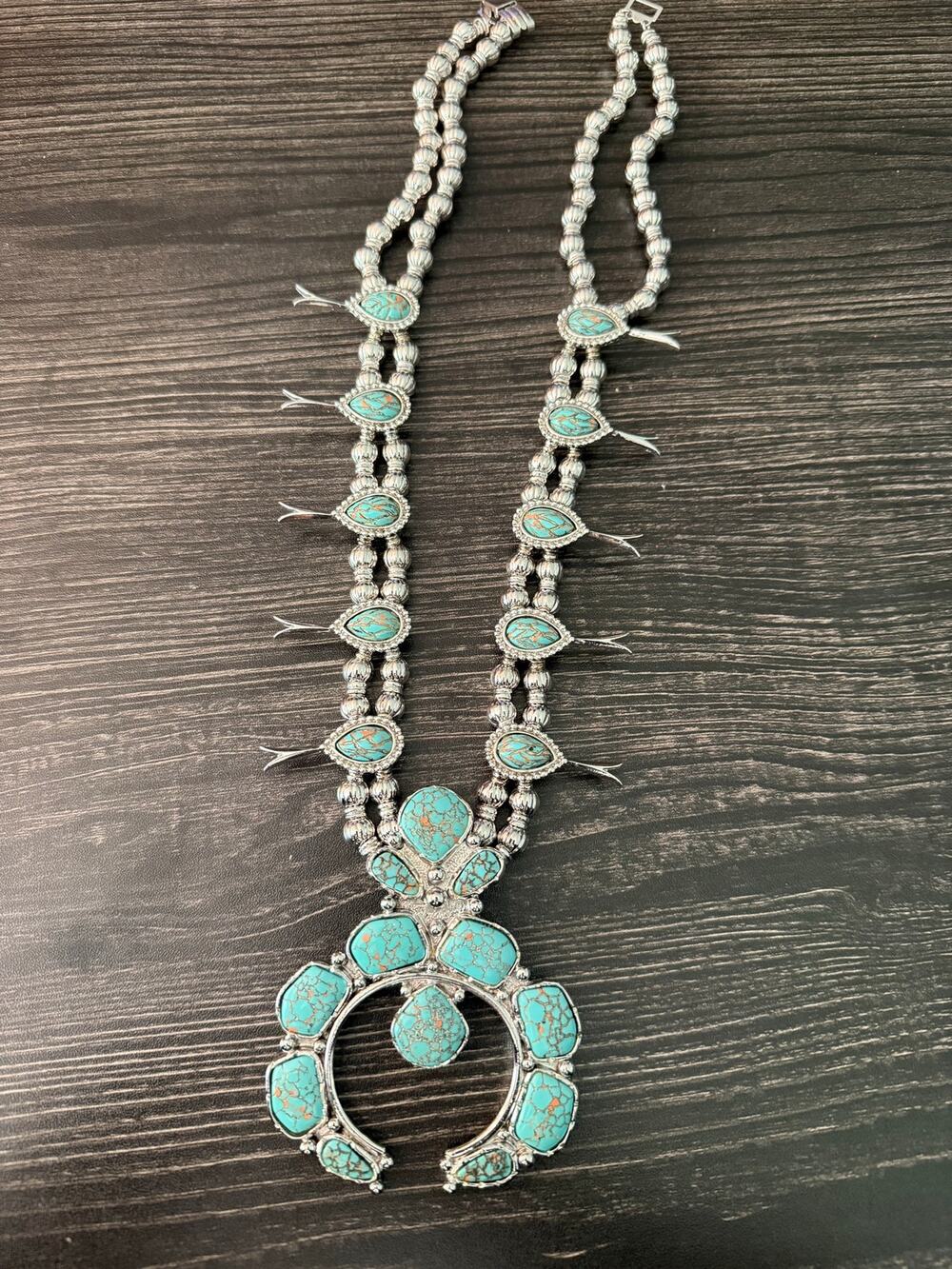 Southwestern Turquoise Silver-Tone Squash Blossom Horseshoe Naja Necklace
